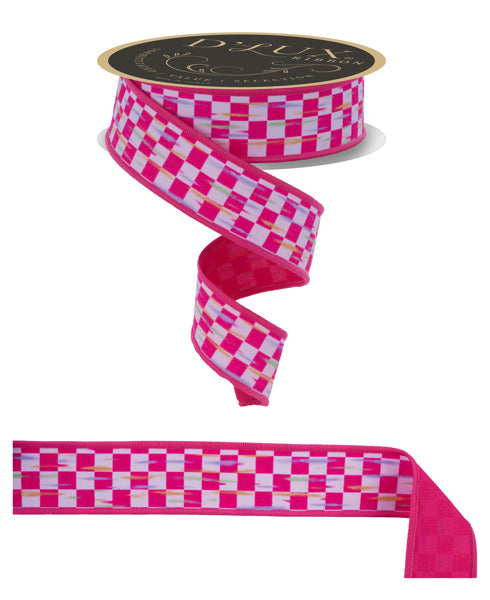 a pink and white checkered ribbon with a black circle