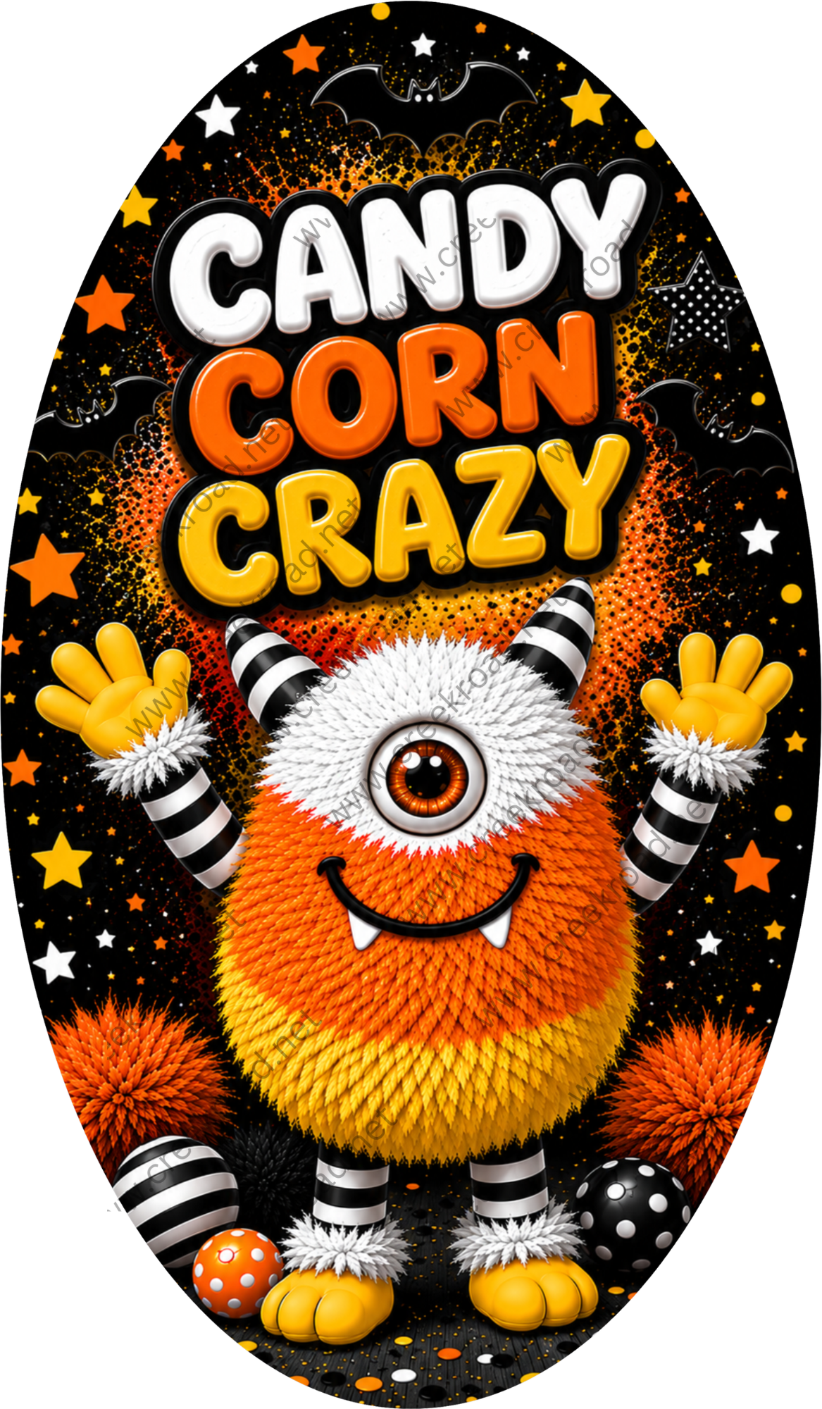 a candy corn crazy monster with a large, round head, orange and white fur, and a big smile. The monster is surrounded by a black background with orange and white stars, and the text "CANDY CORN CRAZY" is prominently displayed above the monster.