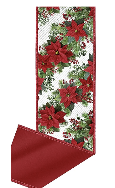 a red table runner with a floral pattern of poinsettias and pine branches.