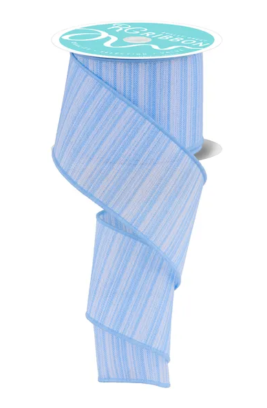 A roll of blue and white striped ribbon with a teal label.