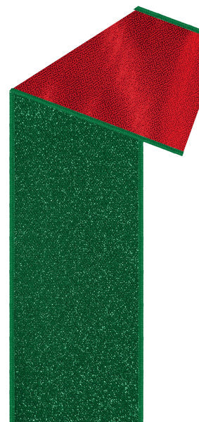 a red and green textured surface, with the red surface appearing to be a fabric or material with a shiny, glittery texture. The green surface is a solid, textured material.