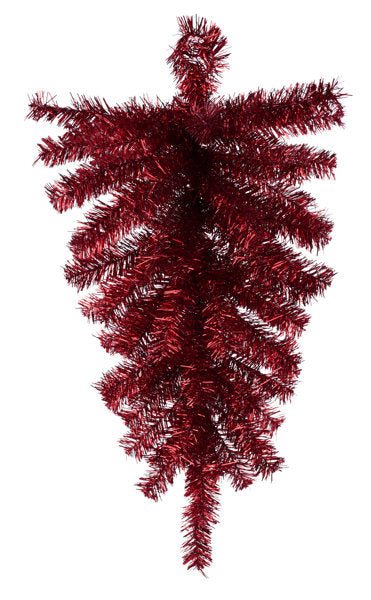 A red tinsel tree with multiple branches and a central sprig.