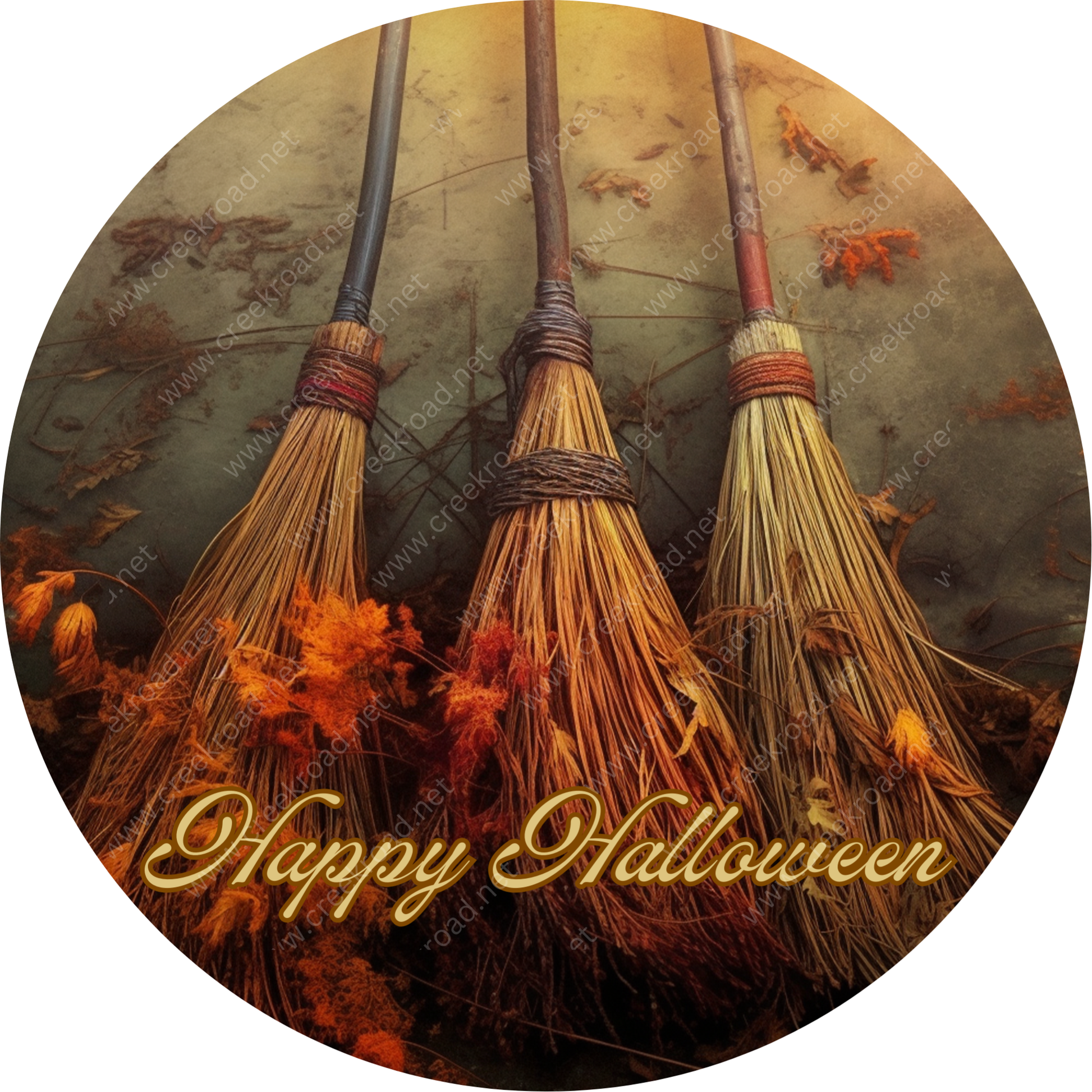 A circular image featuring three brooms with the text "Happy Halloween" written on them, surrounded by fallen leaves.