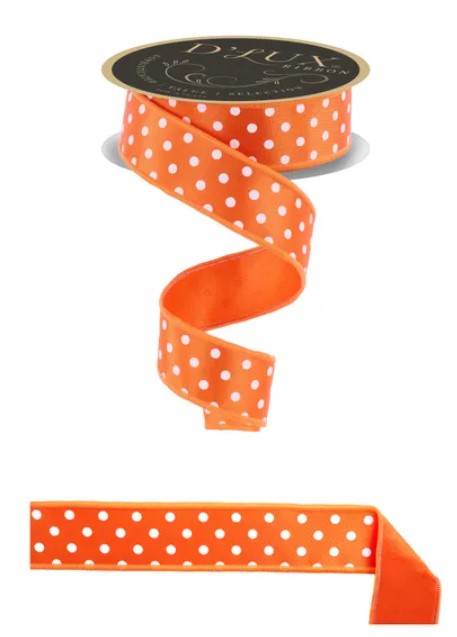 a bright orange ribbon with white polka dots, which is tied into a spiral shape. The ribbon is placed on a white background, and there is a second ribbon below it that is also orange with white polka dots.