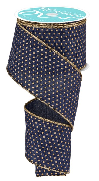 a roll of blue and gold polka dot ribbon