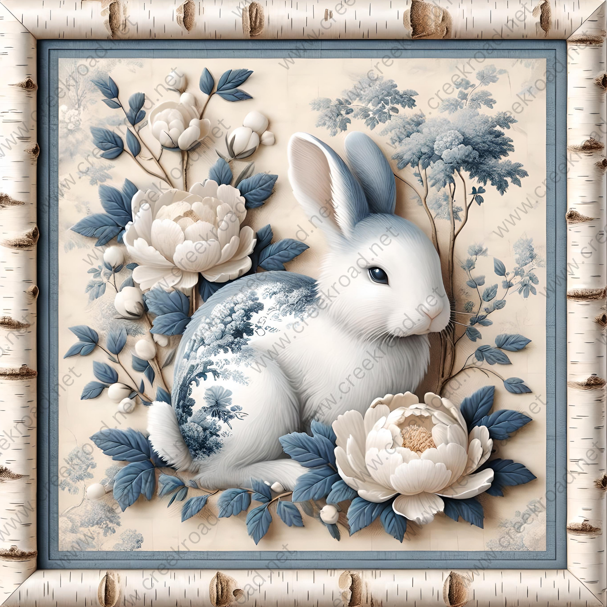 A white rabbit with blue floral patterns sits amidst white and blue flowers, leaves, and branches in a decorative frame.