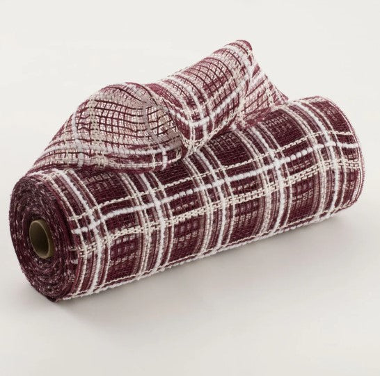 A roll of maroon and white plaid fabric is shown against a white background.