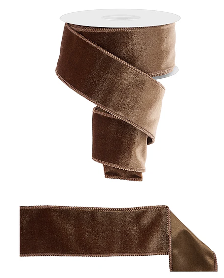 a brown velvet ribbon with a scalloped edge, and a smaller piece of the same ribbon.