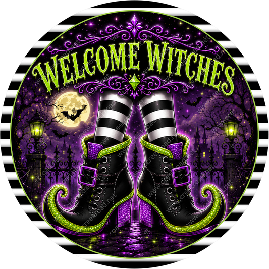 a pair of witch's boots against a purple and black background with a full moon, bats, and a castle.