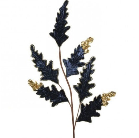 A branch with dark blue leaves and gold accents.