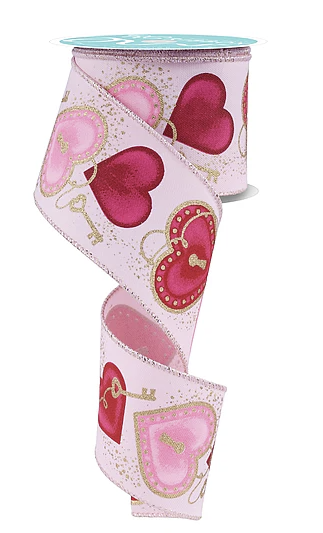 a pink ribbon with a heart and key design.