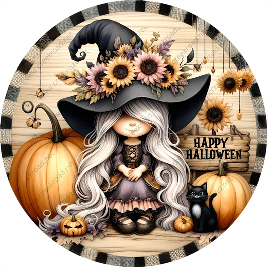 A whimsical illustration depicting a young girl with long, flowing hair wearing a witch's hat, surrounded by pumpkins, a cat, and a "Happy Halloween" sign.