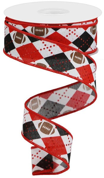 a red and white ribbon with footballs on it