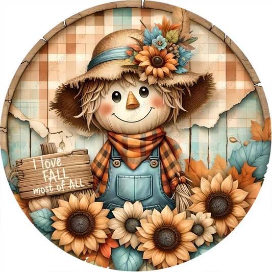 a painting of a scarecrow with sunflowers and a sign