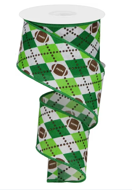 A spiral-shaped green and white fabric ribbon with a football pattern printed on it.