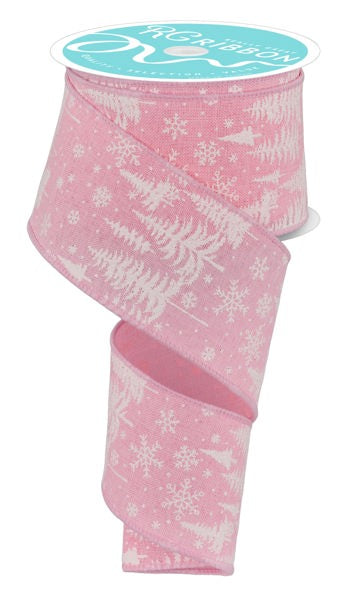 a pink ribbon with white snowflakes on it