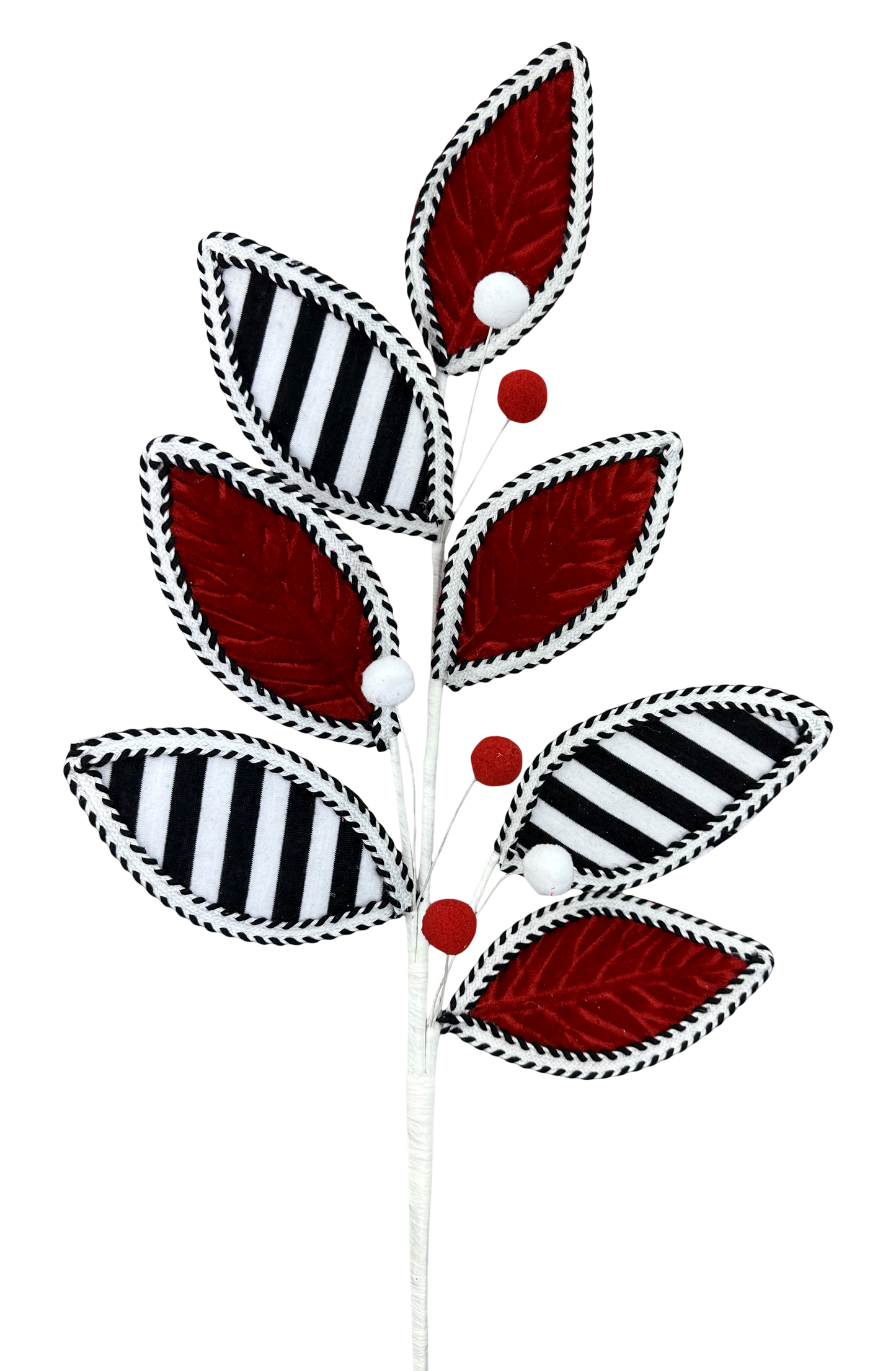 A stylized floral arrangement composed of red and black leaves with white accents, creating a striking contrast against a neutral background.