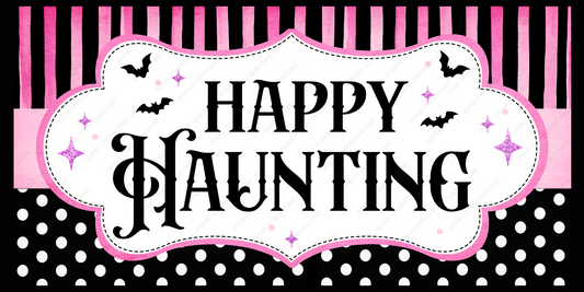 a happy halloween sign with bats and polka dots