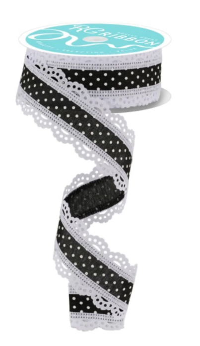 A black and white polka dot ribbon with a lace-like pattern on the edges.