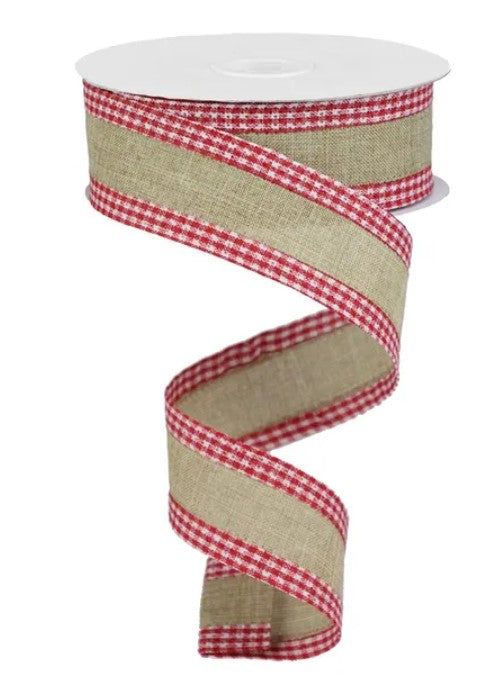 A spiral-shaped burlap ribbon with a red and white checkered pattern.