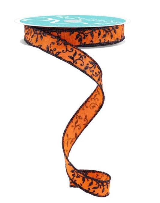 a spiral-shaped orange and black floral ribbon.