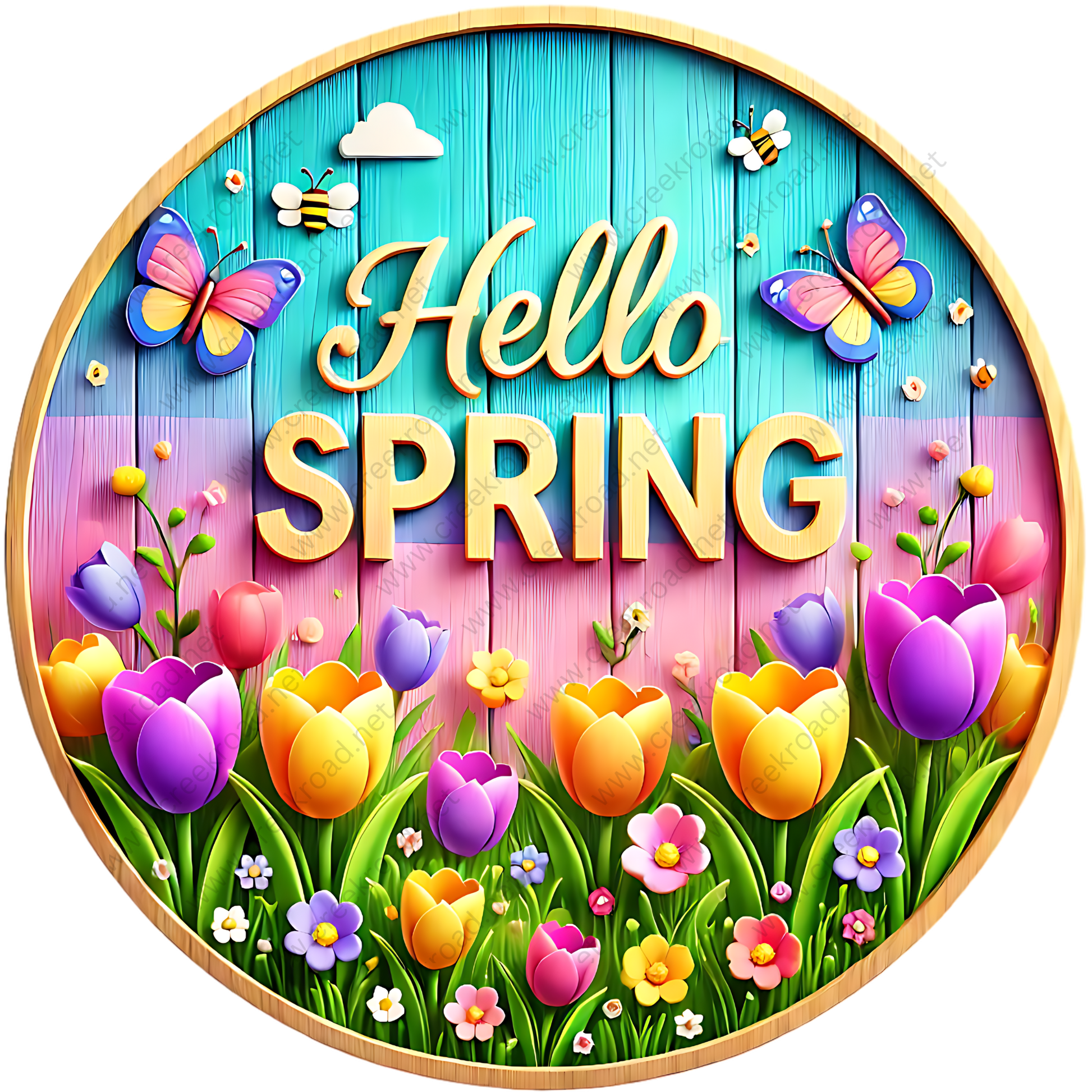 A colorful and whimsical illustration of a "Hello Spring" sign, featuring a wooden background, flowers, butterflies, and the text "Hello Spring" prominently displayed.