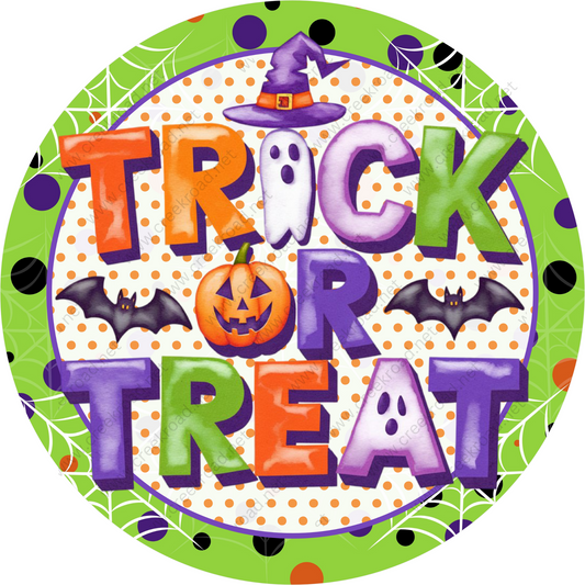 a trick or treat sign with bats and pumpkins