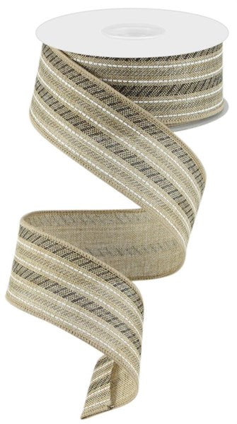 a roll of beige and white striped ribbon