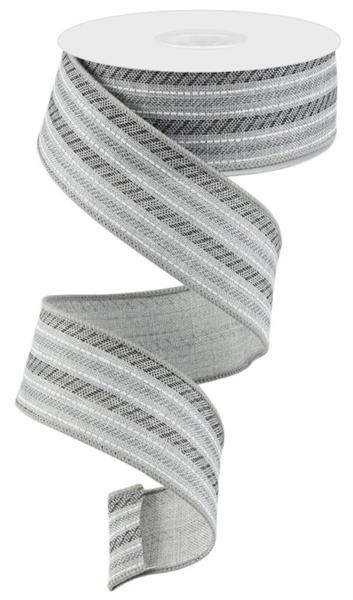 A spiral-shaped gray and white fabric ribbon with a textured pattern.