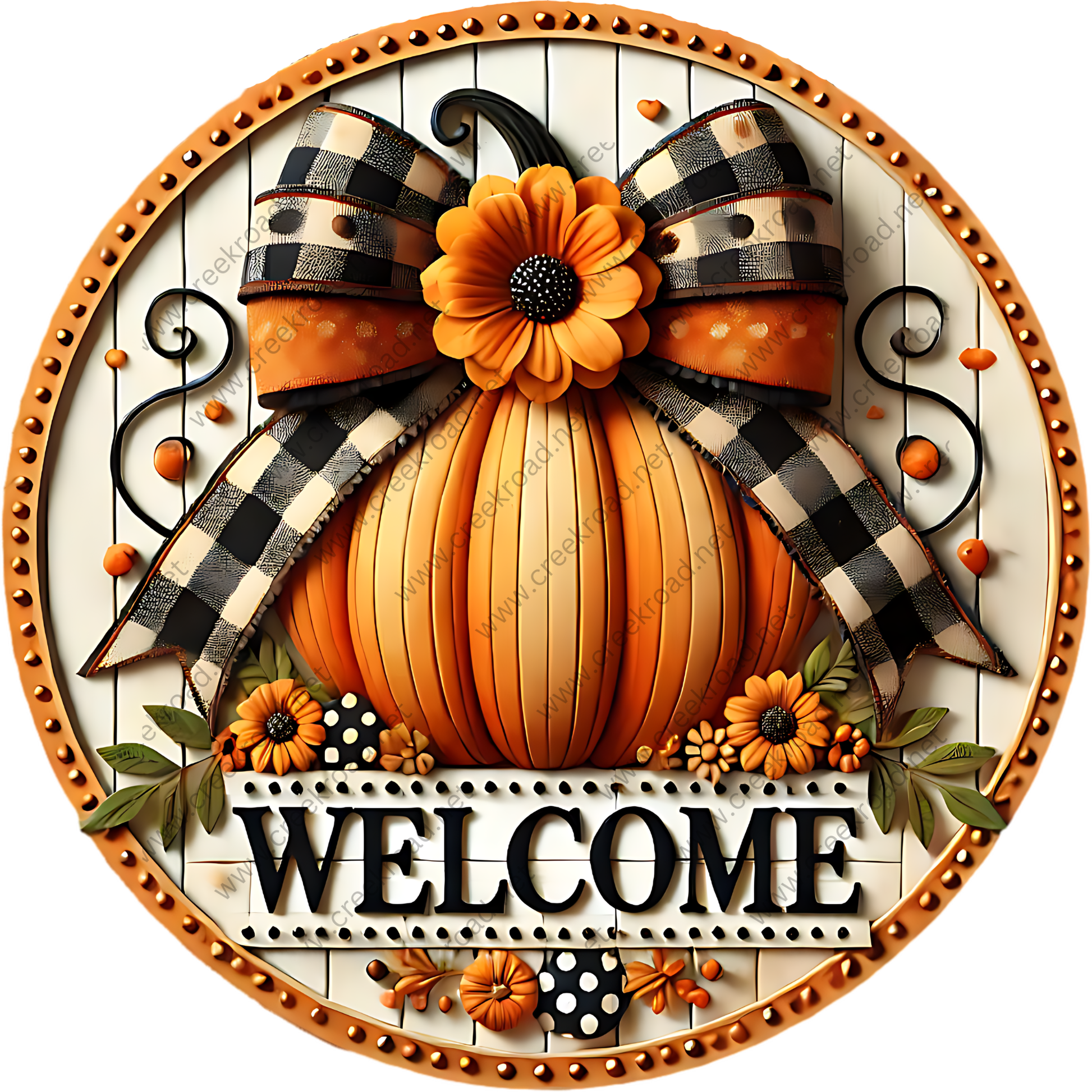 A decorative welcome sign featuring a large orange pumpkin with a bow, surrounded by flowers and leaves, with the word "WELCOME" displayed prominently.