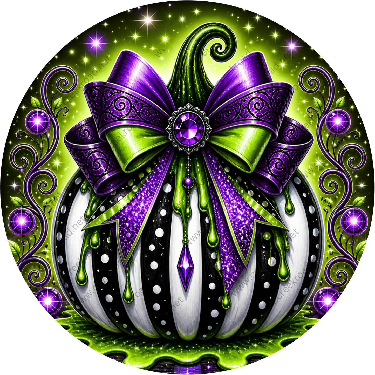 a large, ornate pumpkin with a purple bow and green accents, surrounded by a starry night sky and purple flowers.