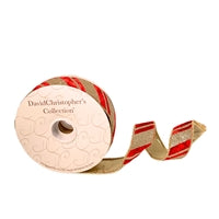 a roll of red and gold ribbon on a white background