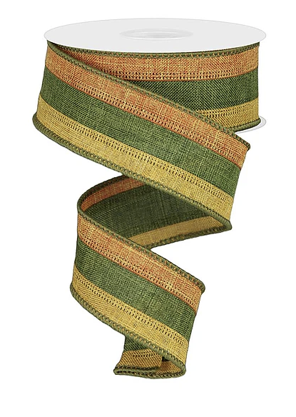 A roll of multicolored, multilayered fabric ribbon with a striped pattern in shades of green, yellow, and orange.