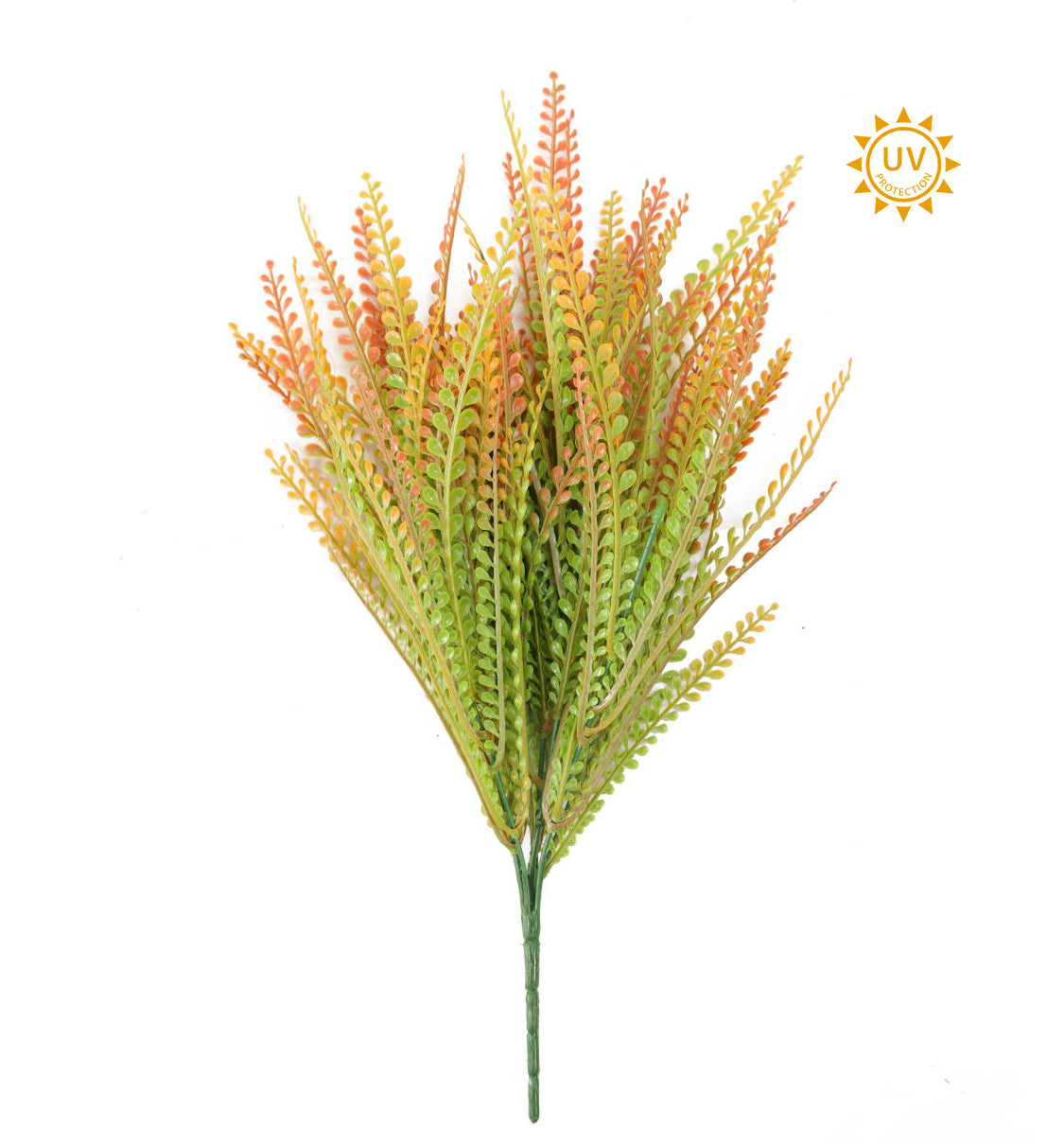 a vibrant cluster of artificial grass or plant-like leaves, with a sun-like symbol in the top right corner.