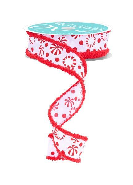 A red and white patterned ribbon with a scalloped edge is shown against a white background.