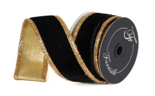 A black velvet ribbon with gold glitter trim, which appears to be a decorative item.
