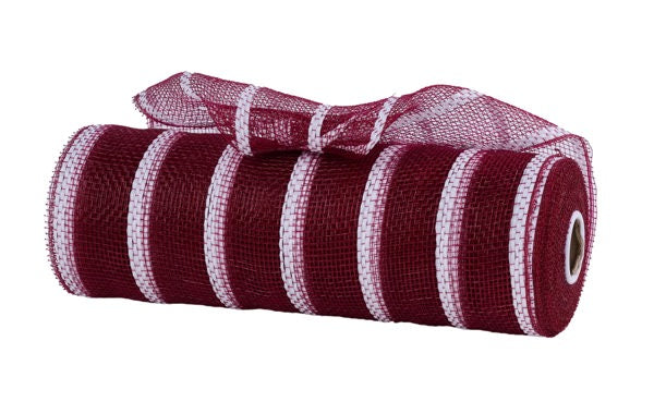A roll of red and white striped mesh material.