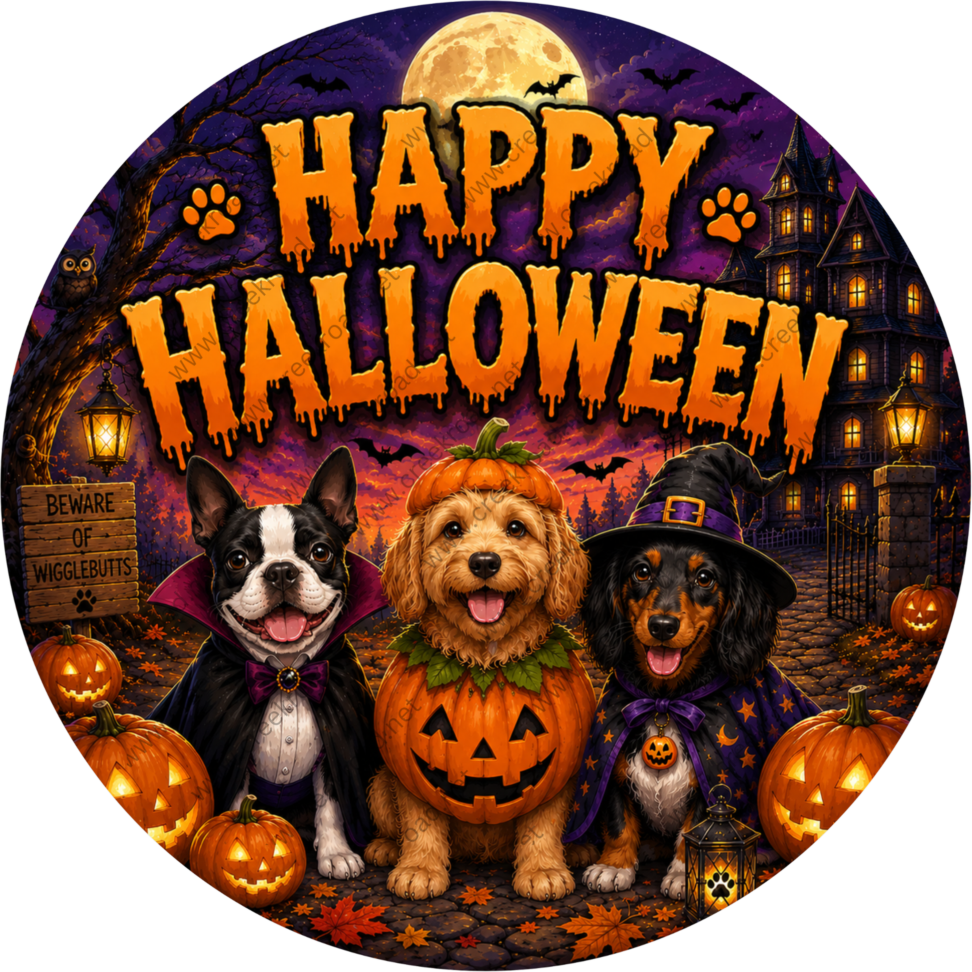 A Halloween-themed illustration featuring three dogs dressed in costumes, surrounded by jack-o-lanterns, a full moon, and a spooky castle in the background.