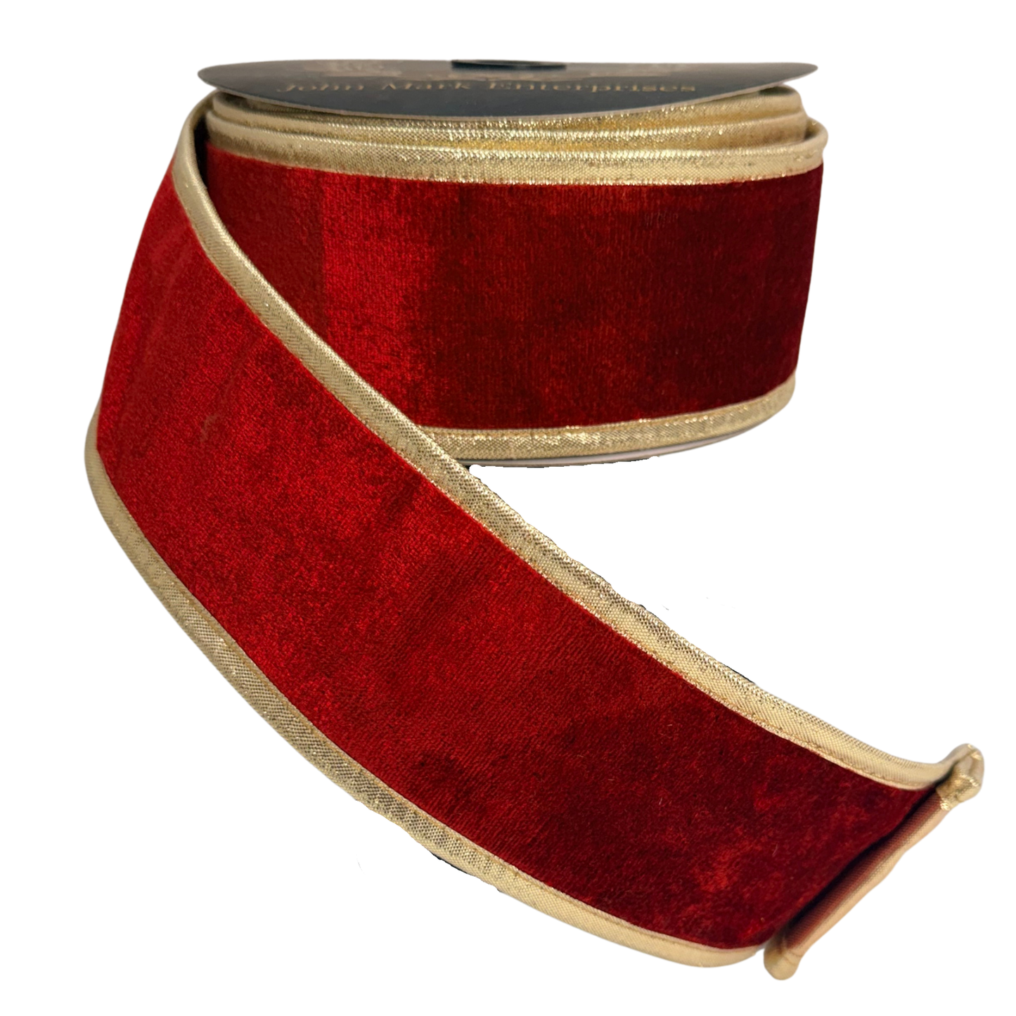A red velvet ribbon with gold trim, which appears to be a decorative item.