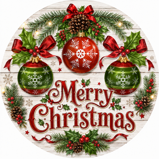 A festive Christmas wreath with ornaments, pine cones, and greenery, along with the text "Merry Christmas" displayed prominently.