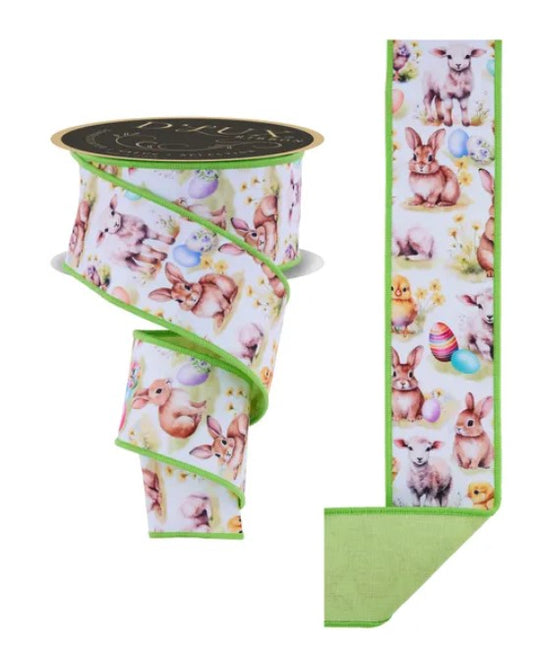 a ribbon with a pattern of various animals, including rabbits, lambs, and chickens, printed on it. The ribbon is green and white in color.