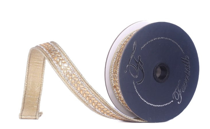 A gold and beige decorative ribbon with a floral pattern is shown against a white background.