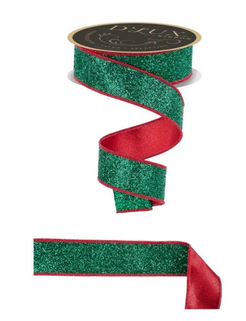 a green glittery ribbon with red trim, which is a decorative and festive item.