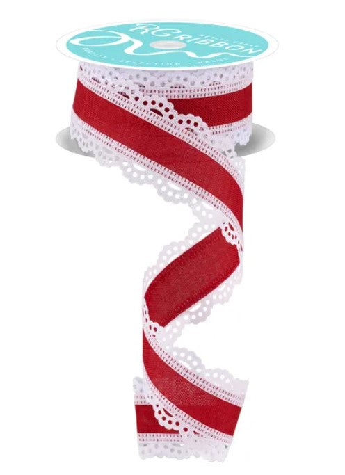 A spool of red and white ribbon with a lace-like trim, displayed against a white background.