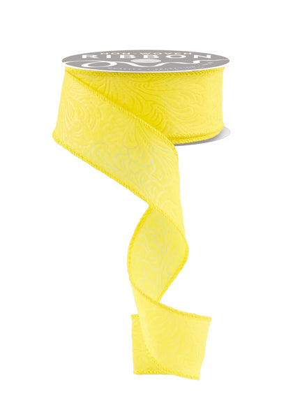 A roll of yellow ribbon with a floral pattern, displayed against a white background.
