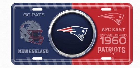 A New England Patriots license plate with the team's logo and colors, along with the text "Go Patts" and "AFC East Established 1960 Patriots".