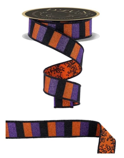 a decorative ribbon with a striped pattern in shades of purple, orange, and black. The ribbon is displayed in two different orientations, with one side facing upwards and the other side facing downwards.