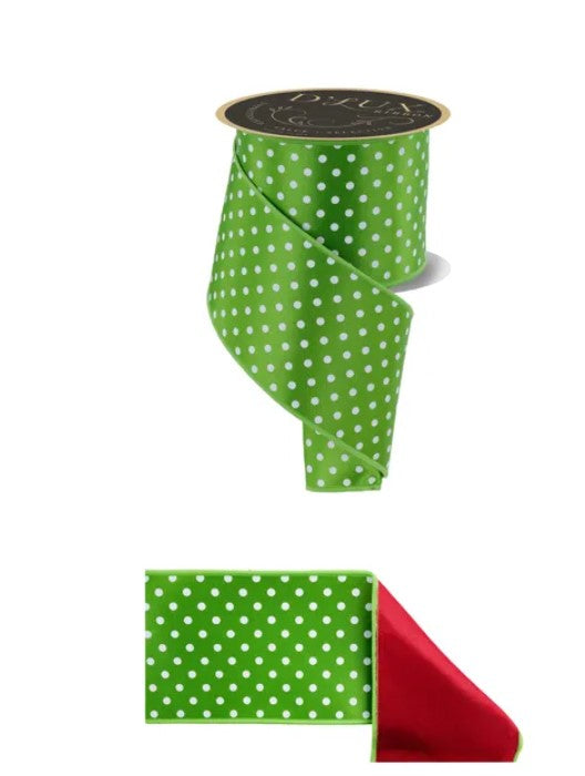 a green and red polka dot ribbon, with the green ribbon being the main focus. The red ribbon is positioned below the green one, creating a visually appealing contrast.