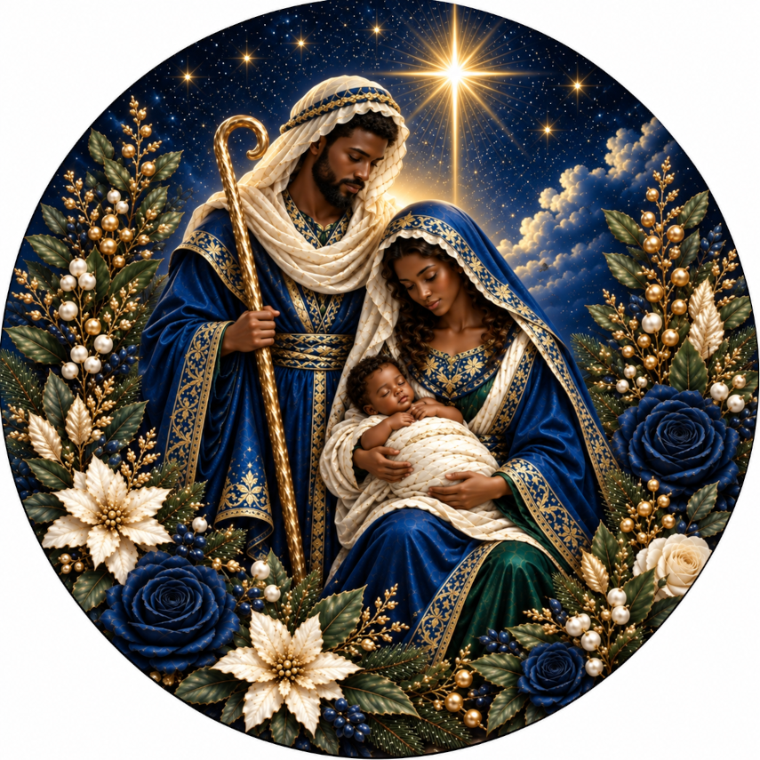 a religious scene with a man, a woman, and a baby, all dressed in traditional religious attire. The man is holding a staff, the woman is holding a baby, and they are all surrounded by flowers and greenery. The background features a starry night sky and clouds, creating a serene and peaceful atmosphere.