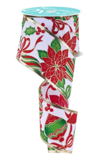 A decorative Christmas ribbon with a floral pattern in red, green, and white colors.